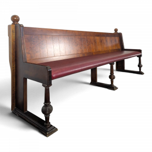 Banquette de brasserie Art Déco en chêne et loupe assise skaï bordeaux 265 cm