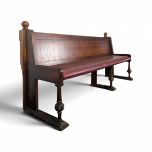Banquette de brasserie Art Déco en chêne et loupe assise skaï bordeaux 220 cm