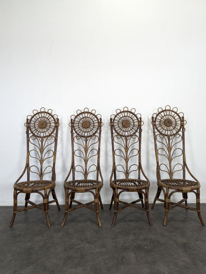 Série de 4 chaises en bambou et rotin à décor de tournesol