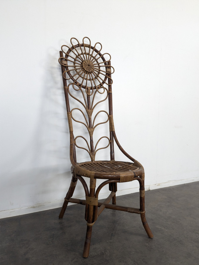 Série de 4 chaises en bambou et rotin à décor de tournesol
