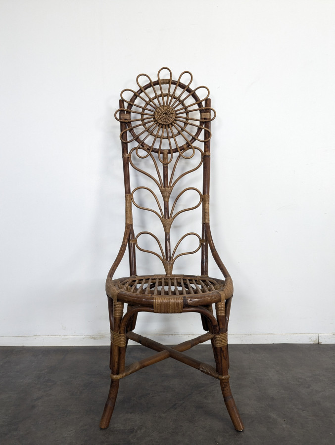 Série de 4 chaises en bambou et rotin à décor de tournesol