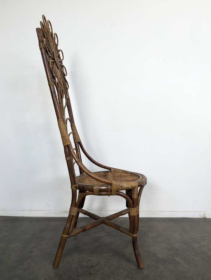 Série de 4 chaises en bambou et rotin à décor de tournesol