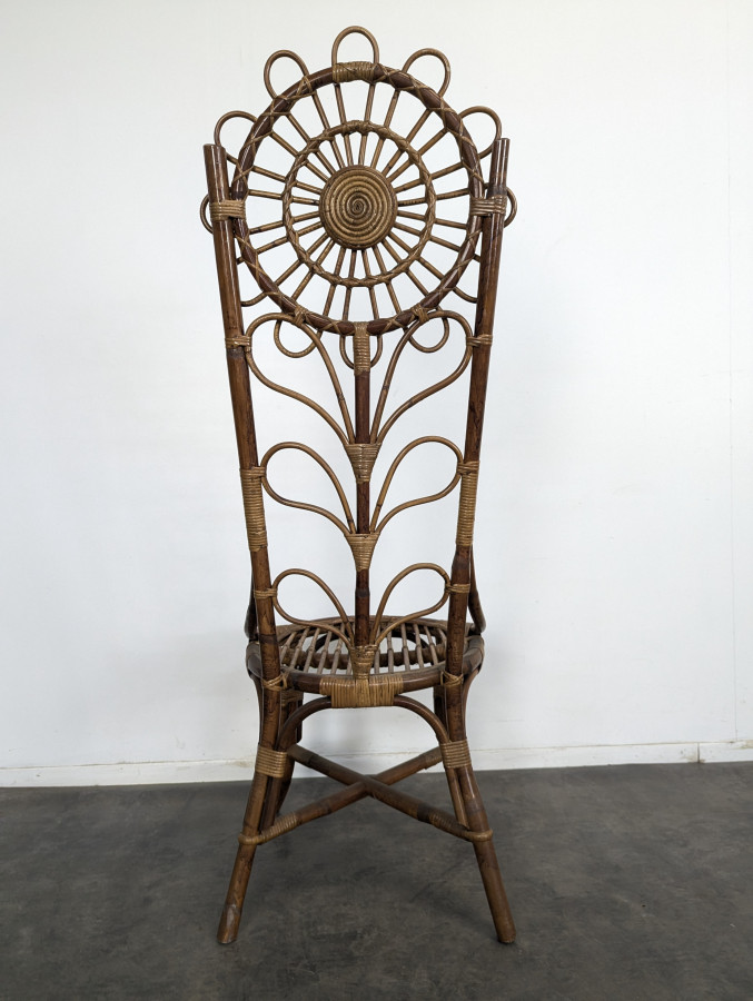 Série de 4 chaises en bambou et rotin à décor de tournesol