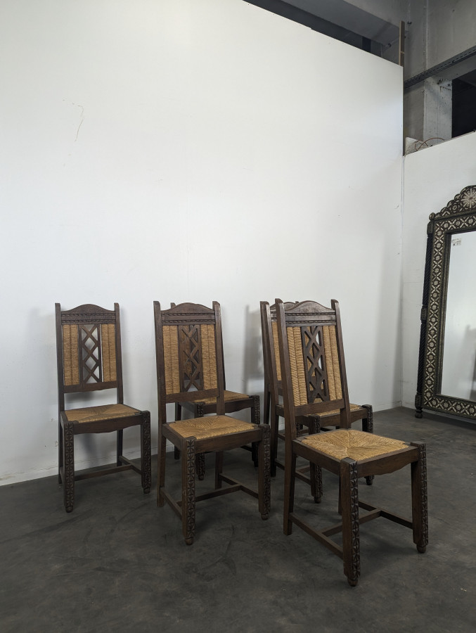 Série de 6 chaises brutalistes paillées