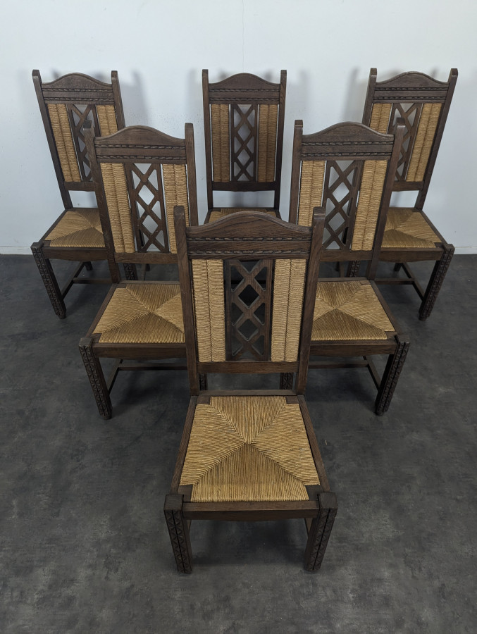 Série de 6 chaises brutalistes paillées