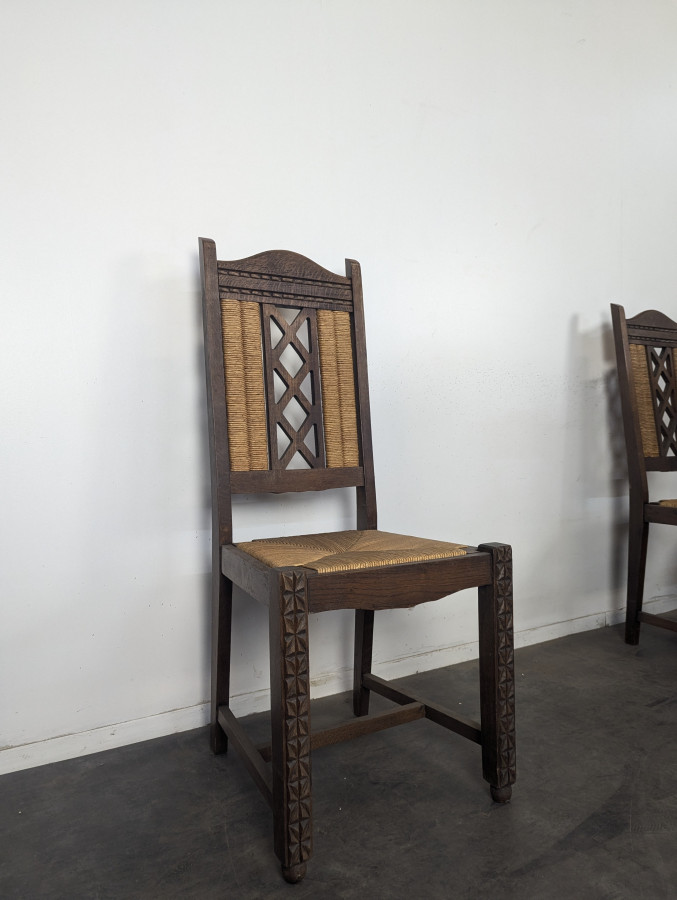 Série de 6 chaises brutalistes paillées