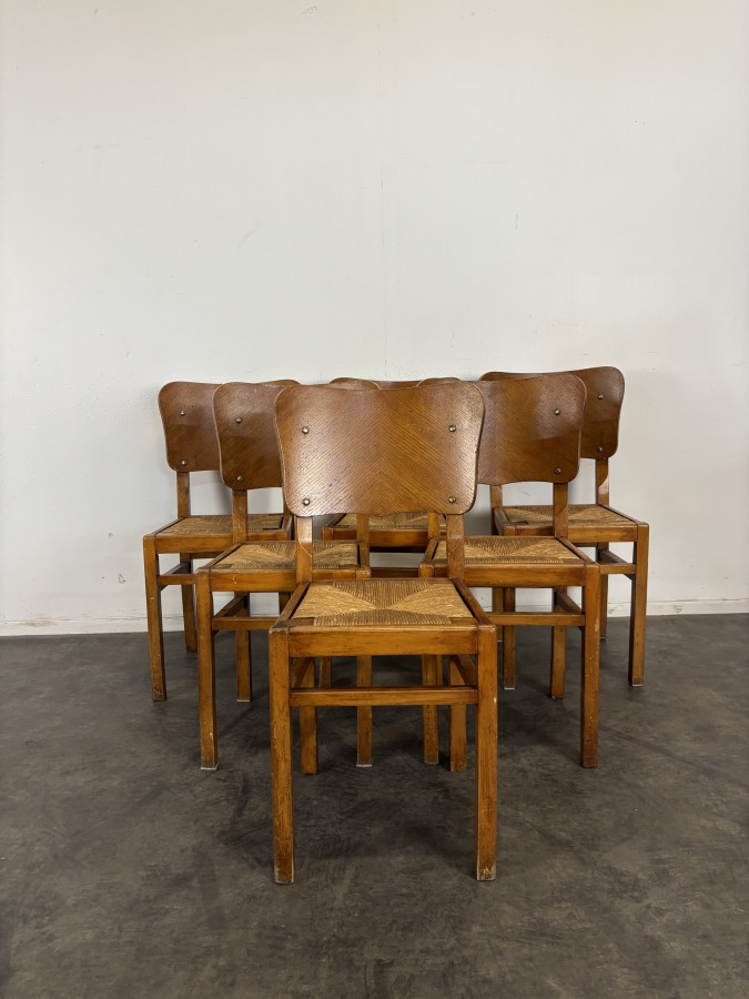 Série de 6 chaises années 50 assise paillée