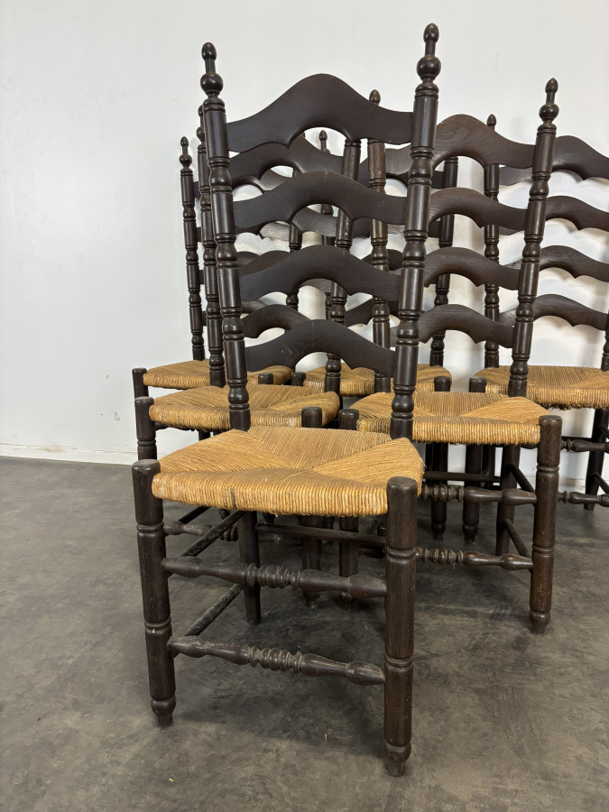 Série de 6 chaises paillées à dossier échelle Espagnoles