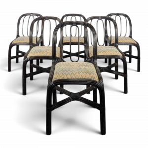 Série de 6 chaises en rotin laqué noir assise tissu années 70