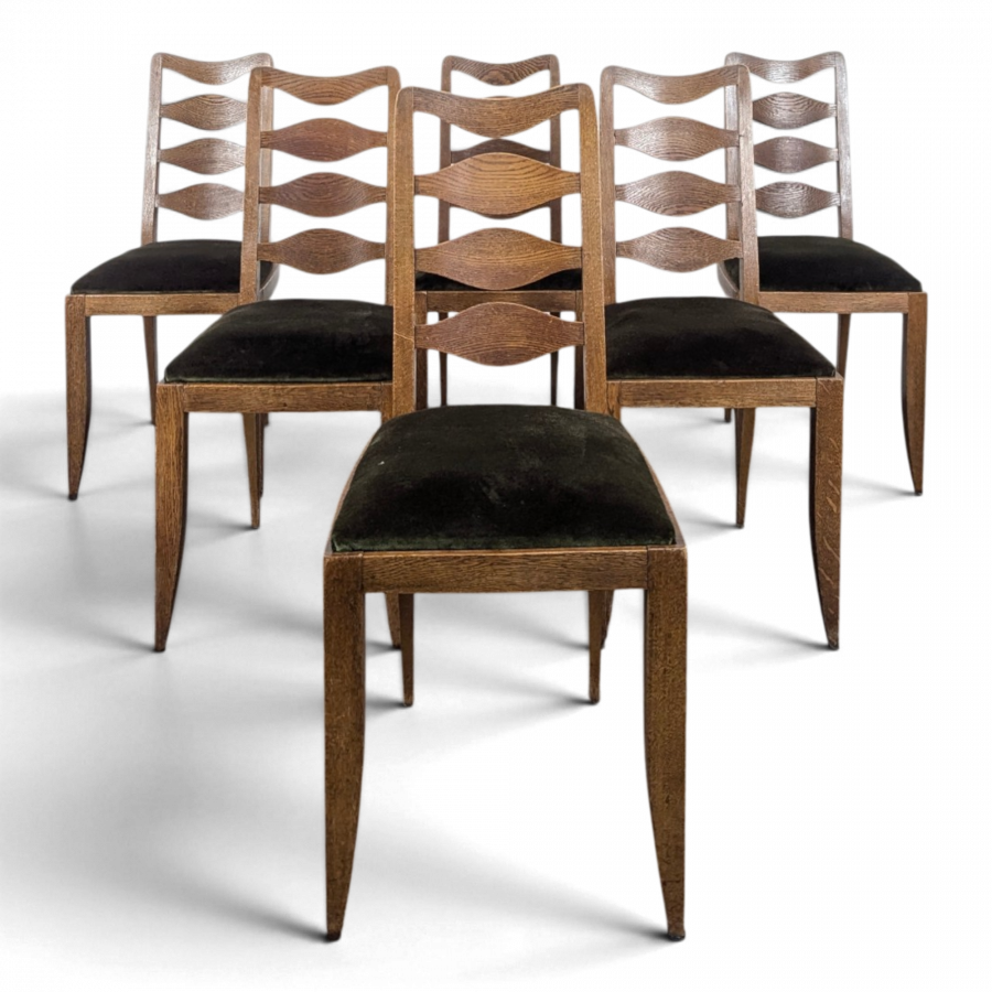 Série de 6 chaises années 40 en chêne dossier à losanges velours vert