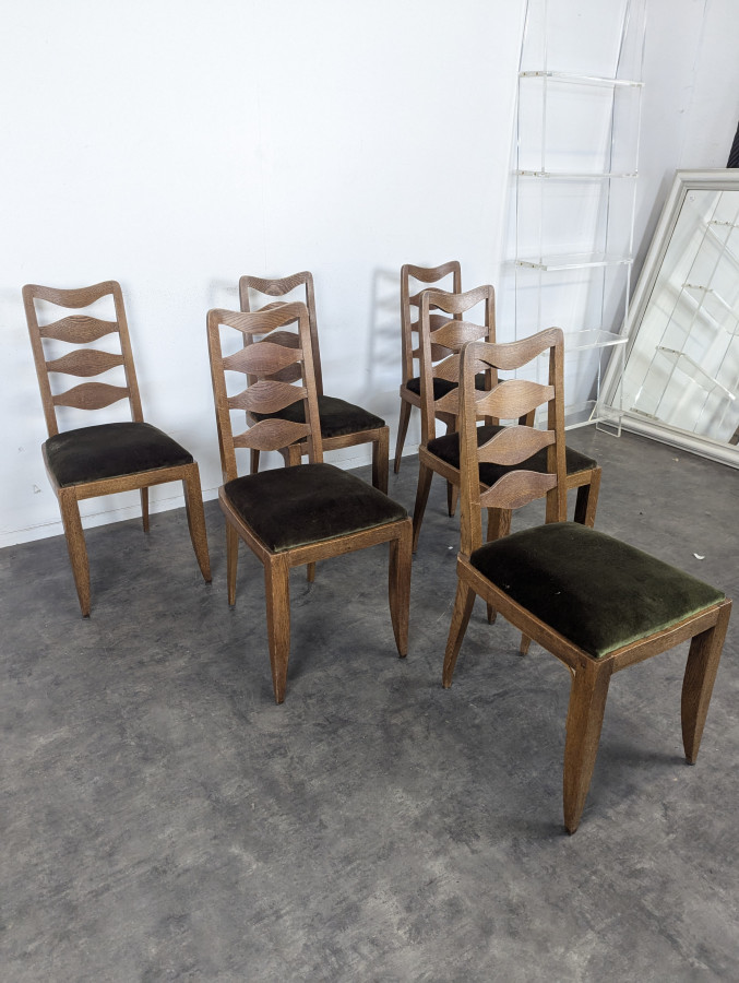 Série de 6 chaises années 40 en chêne dossier à losanges velours vert