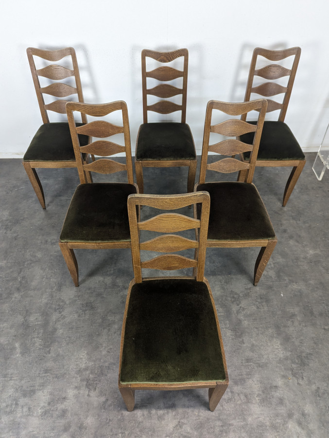 Série de 6 chaises années 40 en chêne dossier à losanges velours vert
