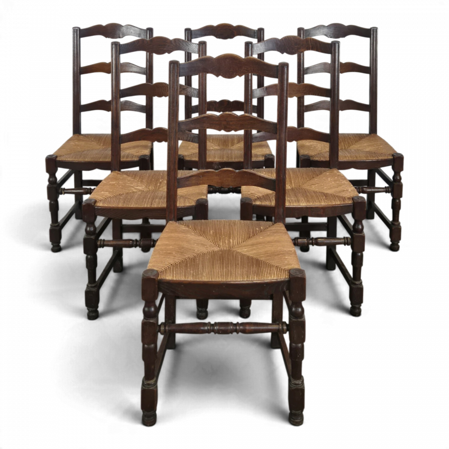 Série de 6 chaises paillées à dossier à barrettes en chêne