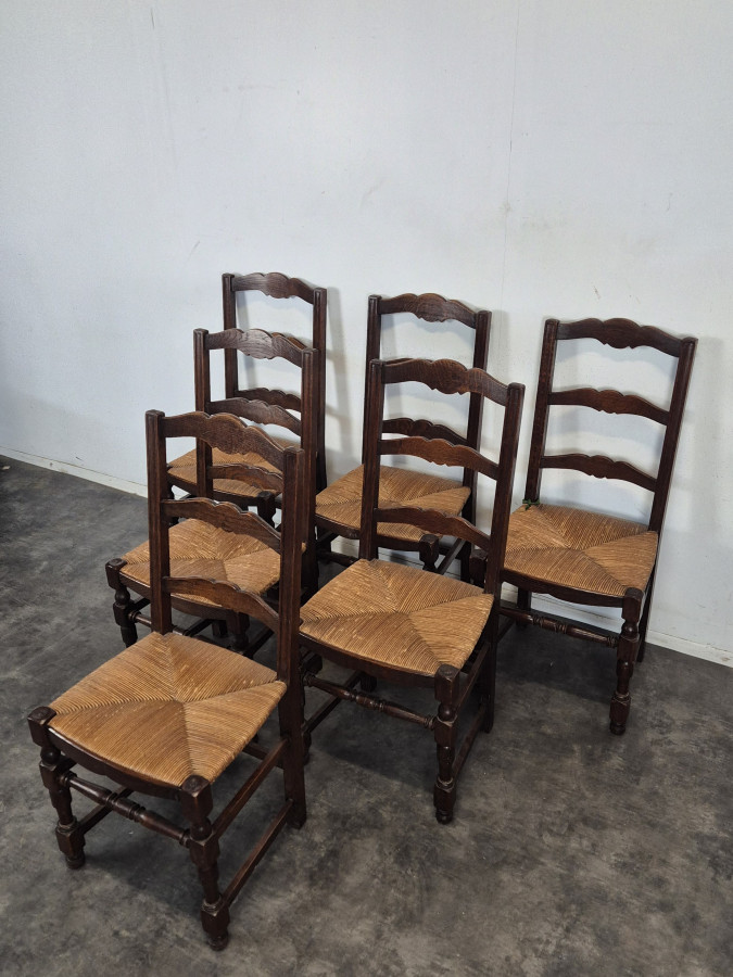 Série de 6 chaises paillées à dossier à barrettes en chêne