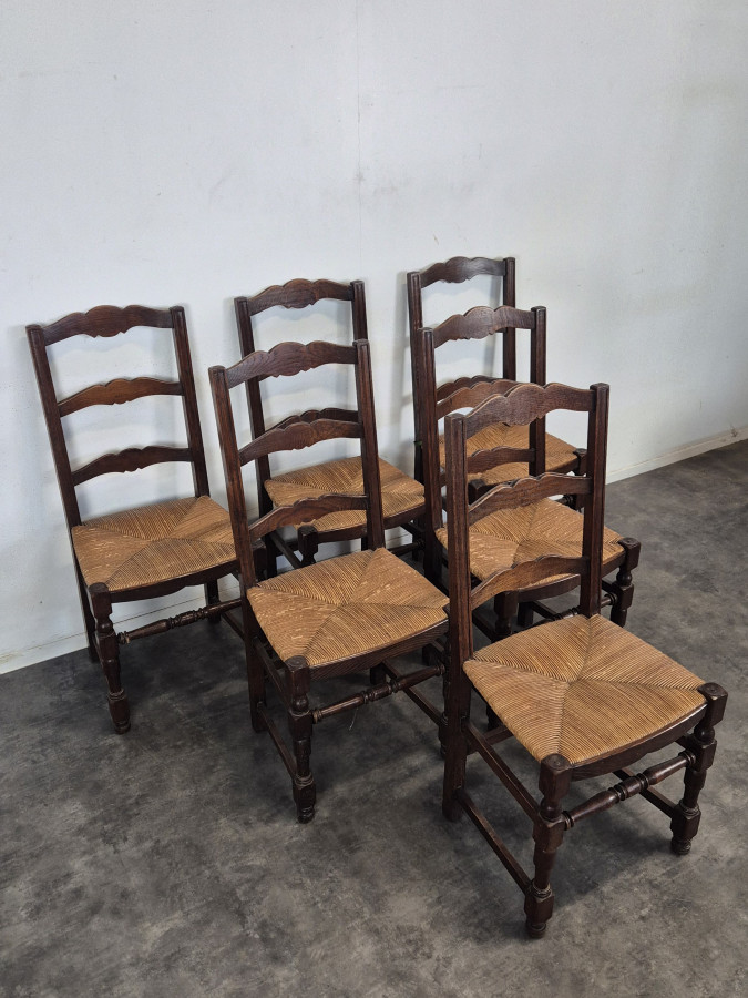 Série de 6 chaises paillées à dossier à barrettes en chêne