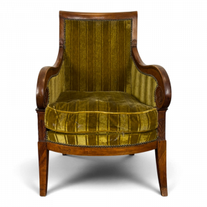 Bergère à crosse Restauration en merisier velours vert rayé