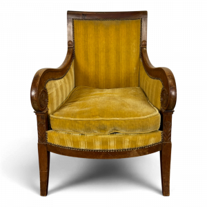 Bergère à crosse Restauration en merisier velours jaune