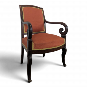 Fauteuil Restauration en acajou accotoirs à crosses tissu orange