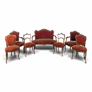 Salon de style Louis XV en noyer sculpté velours orange sept pièces