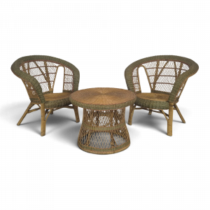 Salon en rotin et osier, paire de fauteuils et table basse