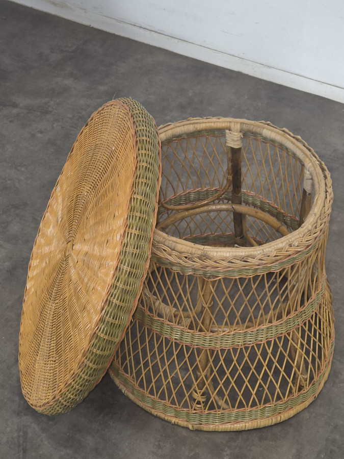 Salon en rotin et osier, paire de fauteuils et table basse