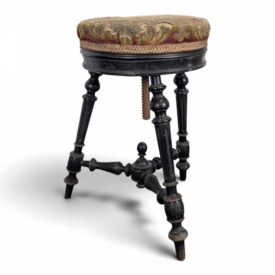 Tabouret de piano Napoléon III en bois noirci à vis à retapisser