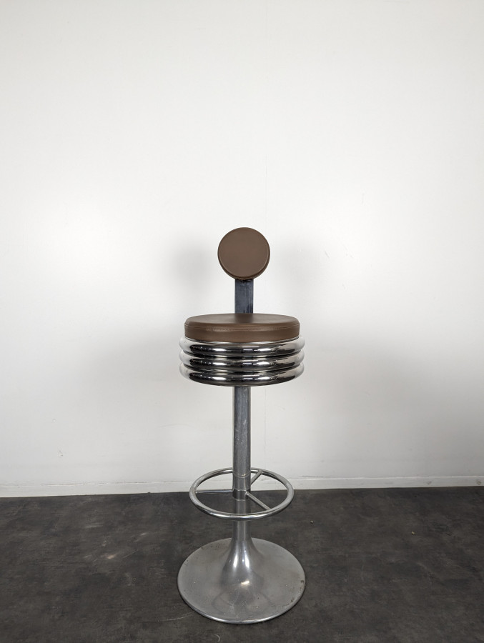 Tabouret de bar chromé à dossier pied tulipe