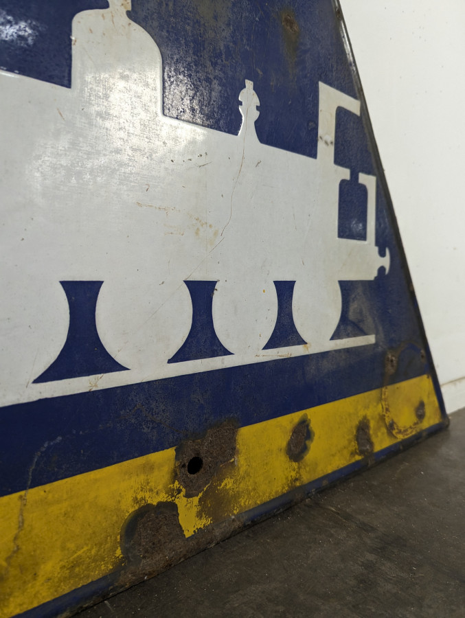Panneau routier émaillé triangulaire passage à niveau locomotive