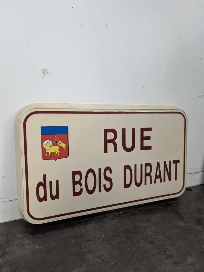Plaque de rue émaillée Rue du Bois Durant à blason communal