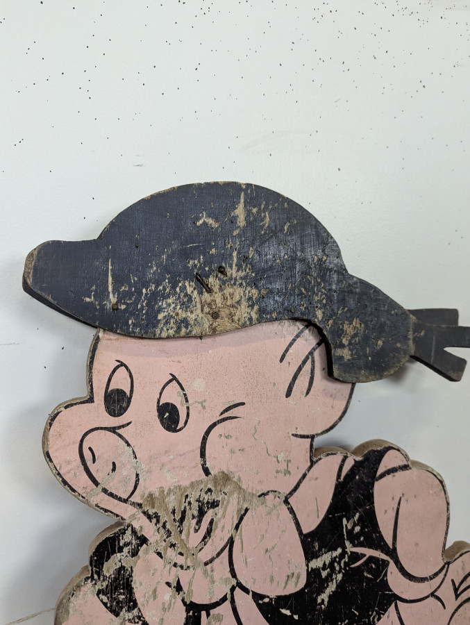 Paire de silhouettes publicitaires petits cochons en bois peint