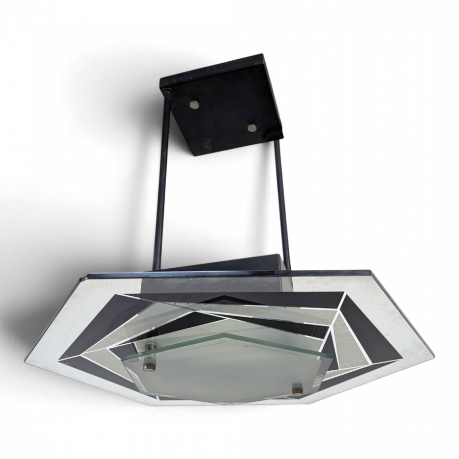 Suspension moderniste pentagonale en verre et métal laqué noir