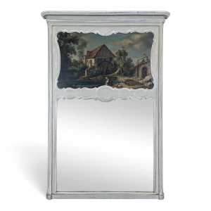 Trumeau Louis XV en bois laqué gris à paysage animé