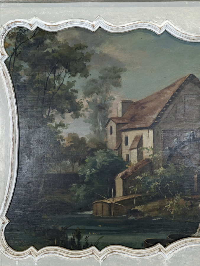Trumeau Louis XV en bois laqué gris à paysage animé