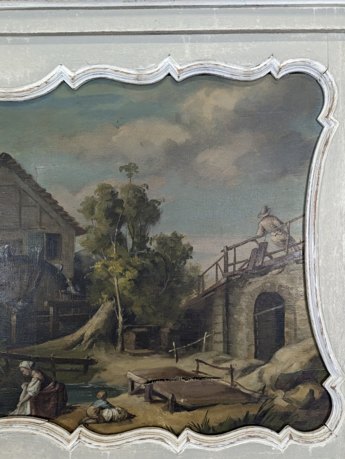 Trumeau Louis XV en bois laqué gris à paysage animé