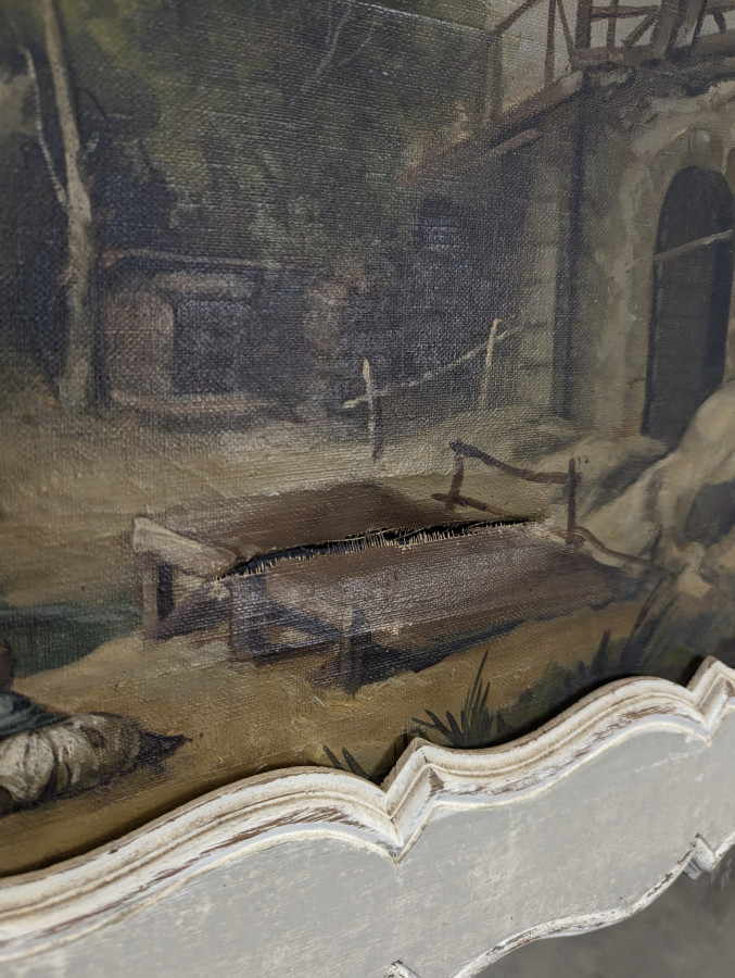 Trumeau Louis XV en bois laqué gris à paysage animé