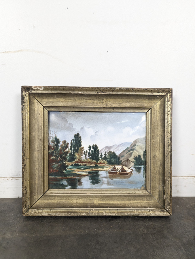 Petite huile sur cuivre paysage lacustre à la barque