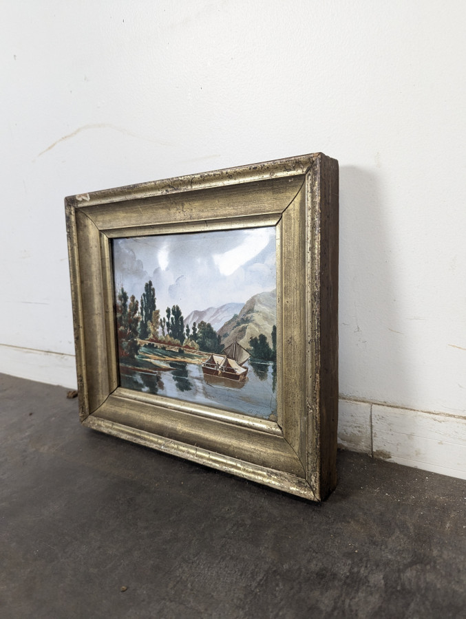 Petite huile sur cuivre paysage lacustre à la barque