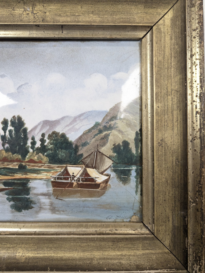 Petite huile sur cuivre paysage lacustre à la barque