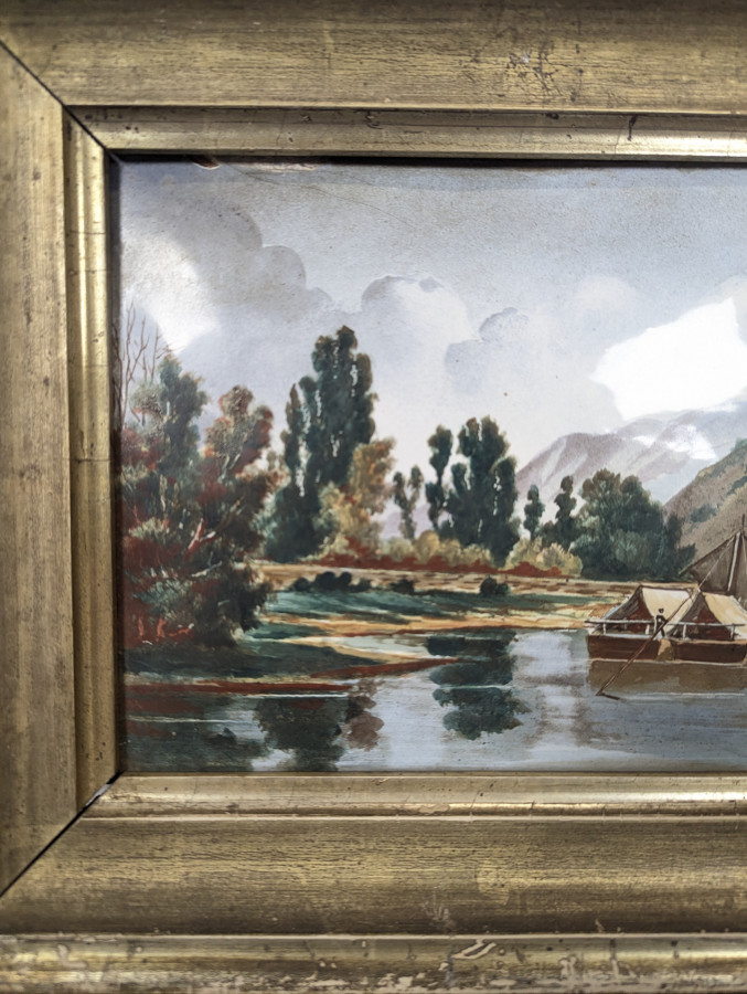 Petite huile sur cuivre paysage lacustre à la barque