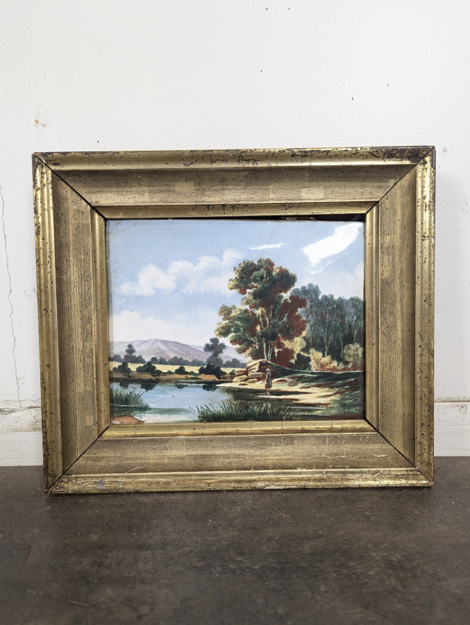 Petite huile sur cuivre paysage de rivière aux peupliers