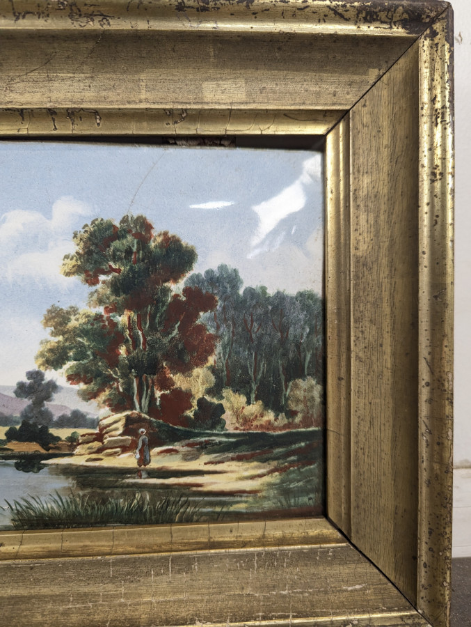 Petite huile sur cuivre paysage de rivière aux peupliers