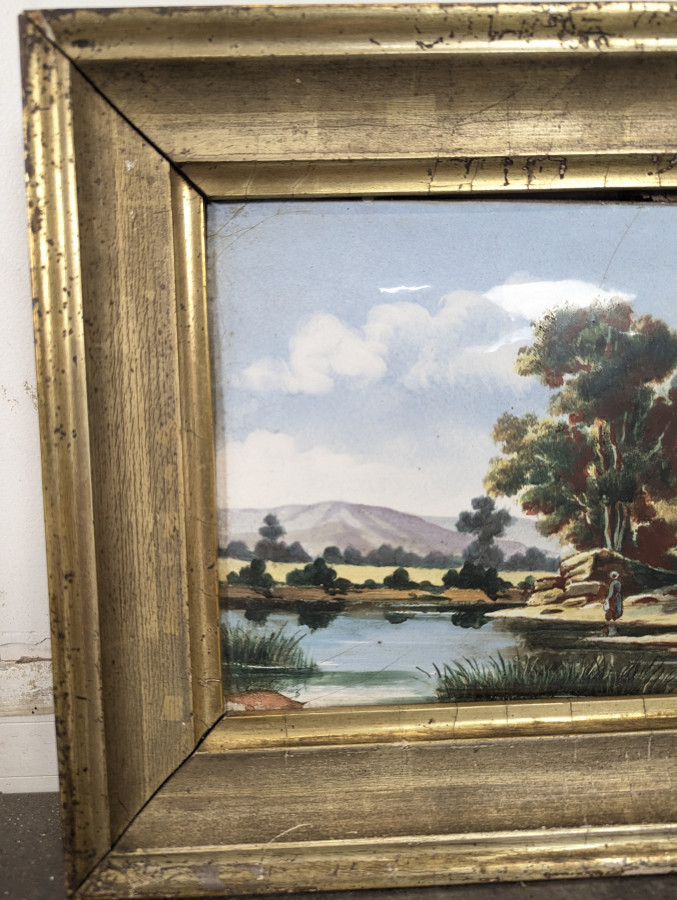 Petite huile sur cuivre paysage de rivière aux peupliers