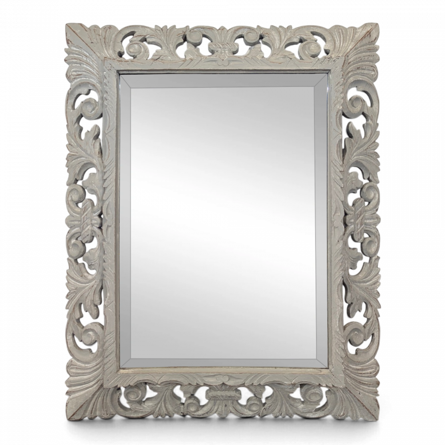 Miroir à cadre en bois sculpté ajouré patiné gris