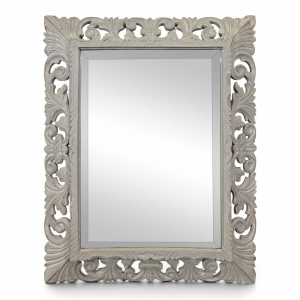 Miroir à cadre en bois sculpté ajouré patiné gris