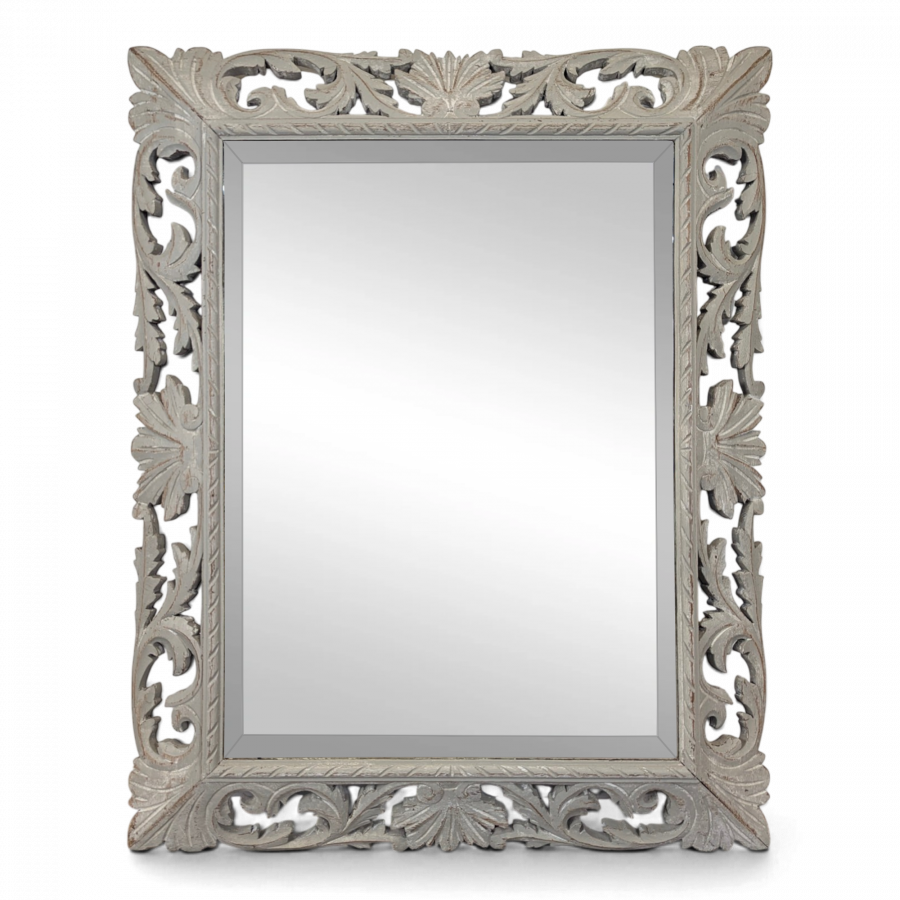 Grand miroir à cadre en bois sculpté ajouré patiné gris