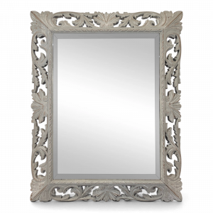Grand miroir à cadre en bois sculpté ajouré patiné gris