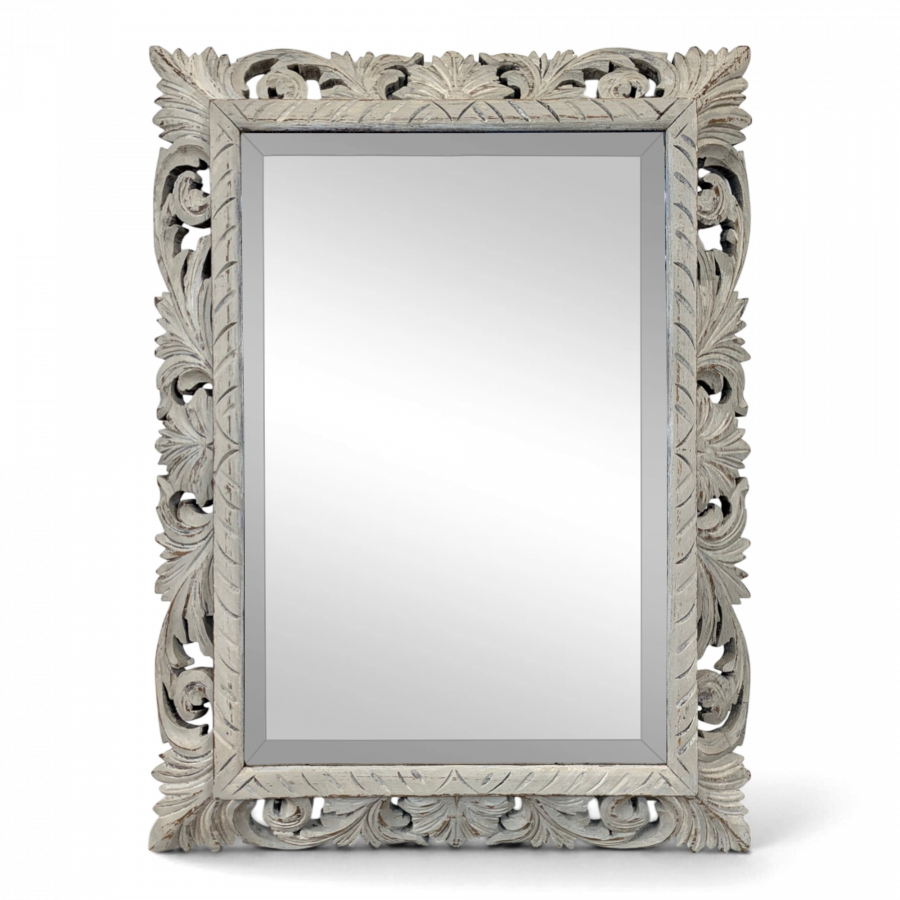 Miroir à cadre en bois sculpté ajouré patiné gris clair