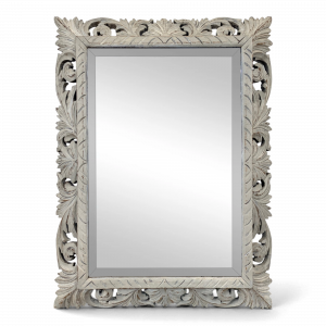 Miroir à cadre en bois sculpté ajouré patiné gris clair