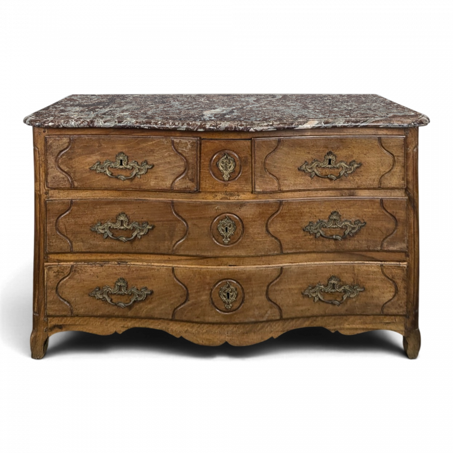 Commode Louis XV galbée en noyer dessus marbre XVIIIe