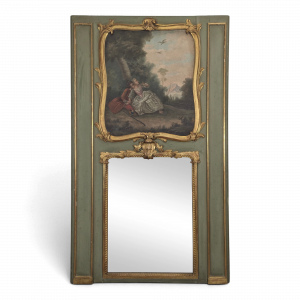 Trumeau Louis XV en bois laqué vert à scène galante